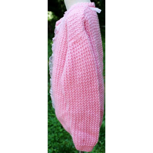 Crochet Cable Knit Pink Sweater Cardigan Roses Sheer Ruffle Girls Sz XL - Picture 6 of 8